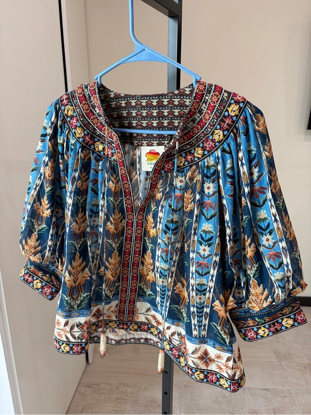 Farm Rio Blue Embroidered Tapestry Tassels Puff Sleeve Blouse